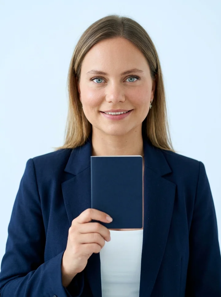 Asesora de USA Access sosteniendo un pasaporte cerrado